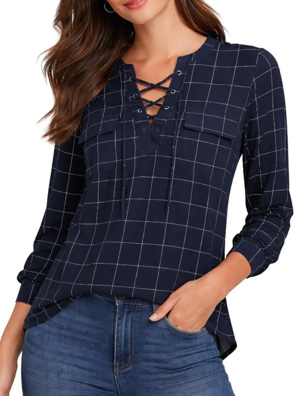 Madewell Navy Silk Windowpane Plaid Lace Up Blouse Long Sleeve Pocket Top S